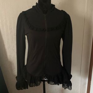 VTG? Midnight Hour Black Zip-Up Hoodie with Lace Details